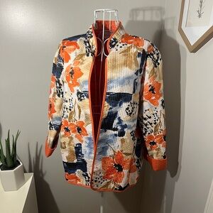 ALFRED DUNNER Quilted Floral Watercolor Open Jacket Mandarin Collar ORANGE 12